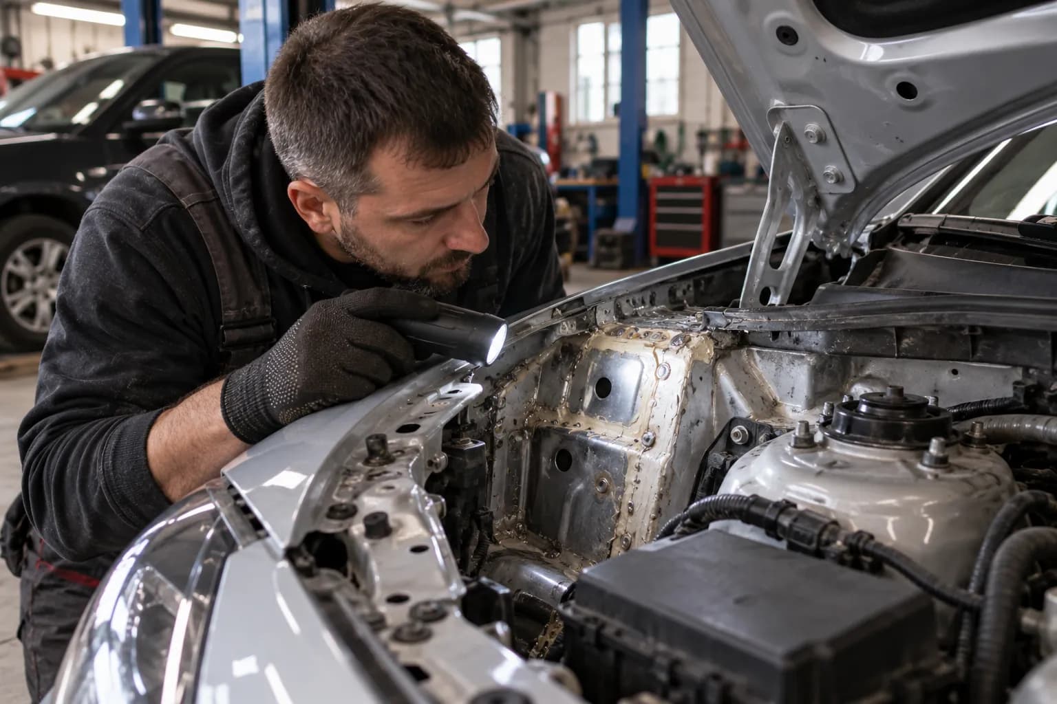 Кузовний спеціаліст оглядає зварні шви й внутрішні елементи кузова